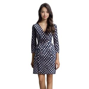 Diane Von Furstenberg Navy and White Polka Dot Long Sleeve Dress
